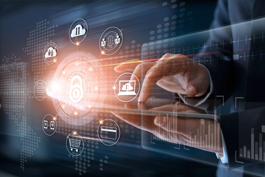 Businessman touching technology global networking security information safety and encryption with icon on virtual screen , Data protection and Cyber security concept